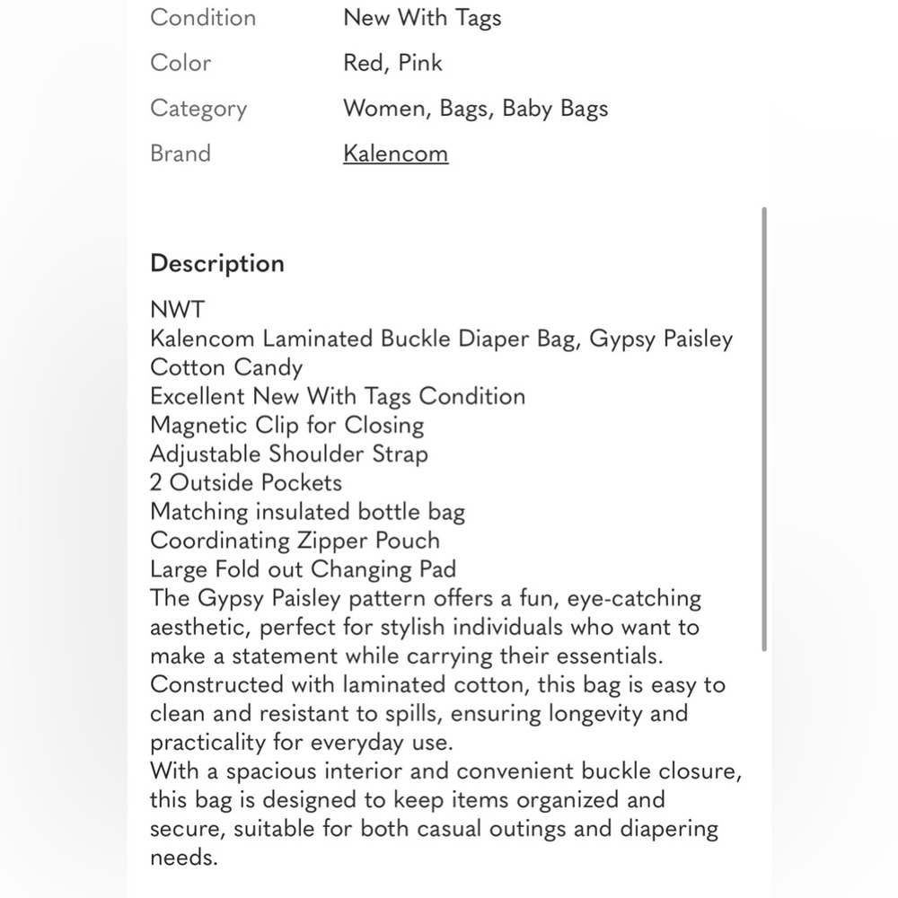 NWT Kalencom Laminated Buckle Diaper Bag, Gypsy Paisley Cotton Candy - Picture 8 of 10